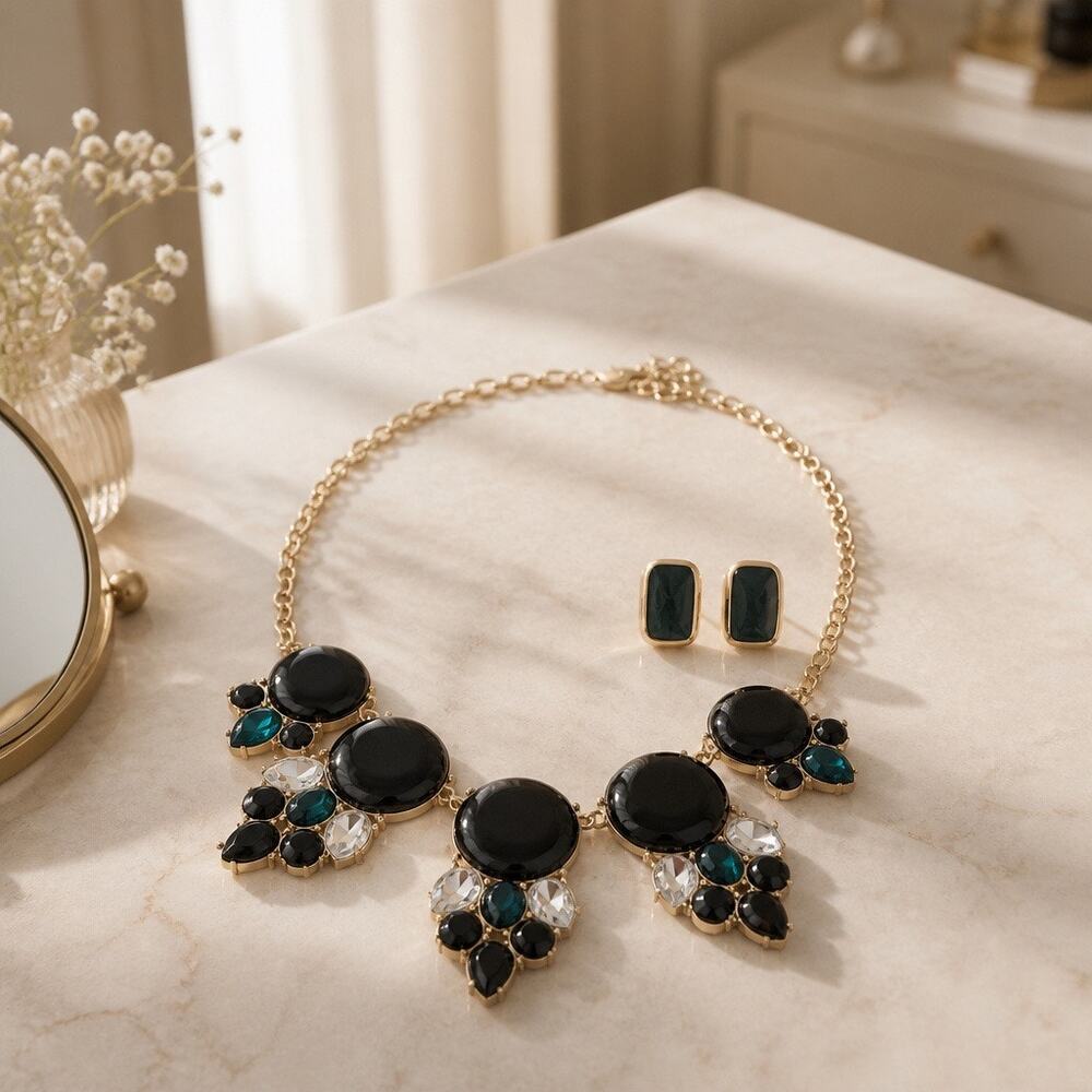 Mid Century VTG Onyx Black Gold Earrings & Emerald Green Cluster Necklace